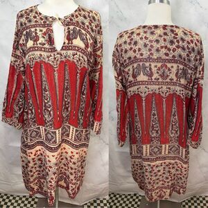 Vintage 70s Cotton Gauze Dress Sz M Paisley Tapestry Tunic Metallic Red Bohemian
